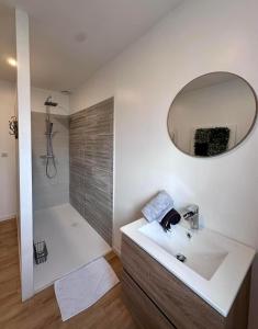 a bathroom with a sink and a shower with a mirror at Gite MIRABELLE in Saint-Rémy-Boscrocourt