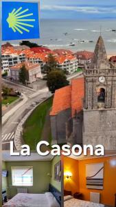 a collage of two pictures of a town with a clock tower at Hostería La Casona in Noja