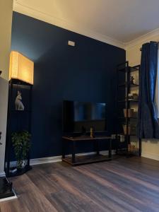 a living room with a tv and a blue wall at StoneHaven Townhouse in Donegal