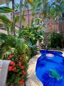 a large blue pool in a garden with plants at Luna - Casa MoJo's delightful 1BR, kitchen, pool in Sayulita