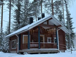 a log cabin in the snow with christmas lights at Cottage Petra in Koli in Kolinkylä