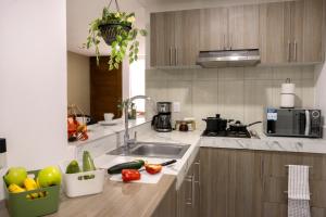 a kitchen with a sink and fruits and vegetables on a counter at Santuario De Luna, Departamento in Cholula