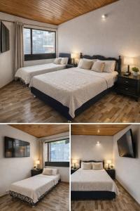 2 immagini di una camera con 2 letti e una TV di El Tikki Haus a Cota