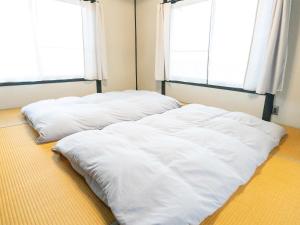 two large white beds in a room with two windows at Rino-Haku 03 in Anan