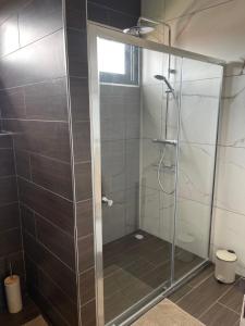 a shower with a glass door in a bathroom at Villa Japandi in Paramaribo +16 photos