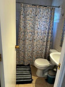 a bathroom with a toilet and a shower curtain at Los Castaños Pucón in El Cerrillo