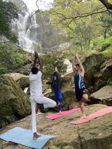 three people doing yoga on mats in front of a waterfall at Ella Jungle Rock in Ella