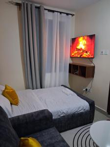 a bedroom with a bed and a flat screen tv at Machakos Town studios in Machakos
