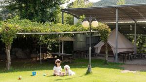a girl and two white dogs sitting in the grass at Yangyang Slowstay Pension in Yangyang
