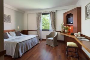a hotel room with a bed and a desk and a window at Valle di Assisi Hotel & Spa in Assisi