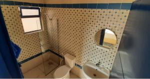 un bagno con un water, un lavandino e uno specchio di citadel mountain sun guest house ad Amman