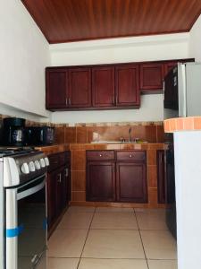 a kitchen with wooden cabinets and a stove top oven at Hotel Posada Casa Real in León