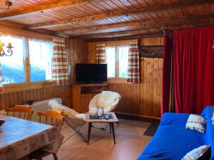 een woonkamer met een bank en een tv bij Chalet Lueg uf Belalp in Rosswald
