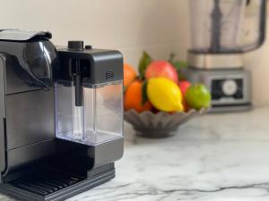 a blender sitting on a counter with a bowl of fruit at Beautiful condominium with jacuzzi in Brussels +29 photos