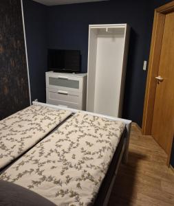 a bedroom with a bed and a dresser and a television at MeerZeit in Emden