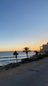 een strand met palmbomen en de oceaan bij zonsondergang bij Nova surf house in Tamraght Ou Fella