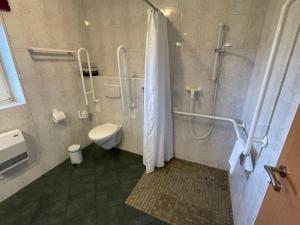a bathroom with a toilet and a shower with a shower curtain at Spreewald Pension Spreeaue in Burg