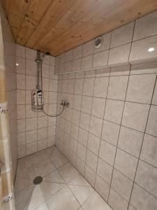 un bagno con doccia piastrellata con di appartement le petit chalet sauna a La Bresse