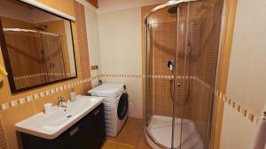 a bathroom with a sink and a shower and a toilet at Chata pod Kykulou in Oščadnica +31 photos