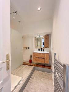 een keuken met een spoelbak en een aanrecht bij Cocon sous les toits in Albertville