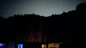 a starry night with trees in front of a mountain at 平沢リゾート in Ōtaki
