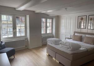 a bedroom with a bed and two windows at The R Apartment Bodensee - Old Town in Schaffhausen