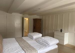 a white bedroom with two pillows on a bed at The R Apartment Bodensee - Old Town in Schaffhausen