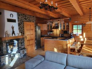 a kitchen and living room with a couch and a fireplace at Chata pod Kykulou in Oščadnica