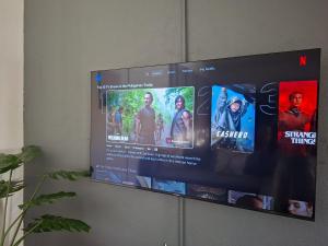 una TV a schermo piatto appesa a una parete di Villas Flora Bella a Dauis