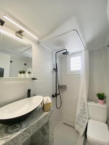 a bathroom with a large sink and a shower at Sadin apartment in Neos Marmaras +24 photos