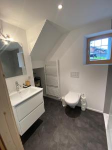 a white bathroom with a sink and a toilet at Arvenstube - Wergenstein in Wergenstein +24 photos