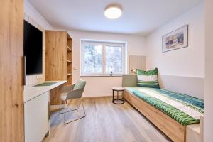 a small room with a bed and a desk at Starnberger See Apartments in Starnberg +65 photos