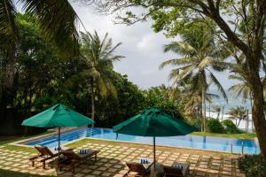 two chairs and umbrellas next to a swimming pool at Mimosa Hill in Hiriketiya