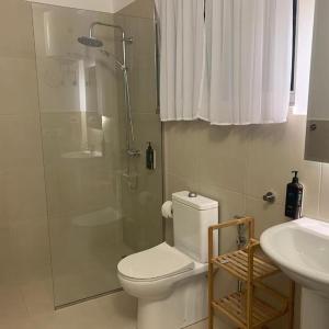 a bathroom with a shower and a toilet and a sink at Vintage Villa in Shkodër +97 photos