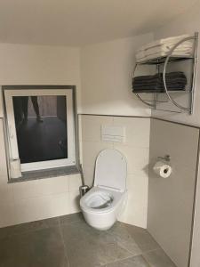 een kleine badkamer met een toilet en een raam bij Bruchersee-Gummersbach Nord in Marienheide