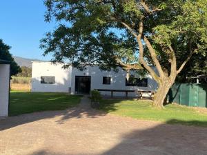 a white building with a tree in front of it at Magents Farm Guesthouse in Paarl