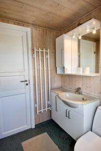 un bagno con lavandino, specchio e porta di Lovely Summer House On Natural Grounds a Frøstrup