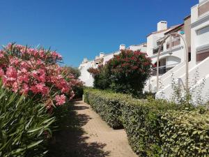 a garden with pink flowers and bushes next to a building at VUE LAGUNE ET BATEAUX A 100M DE LA PLAGE in Saint-Cyprien +7 photos