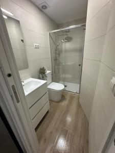 a bathroom with a shower and a toilet and a sink at La Casa de Mara in Madrid