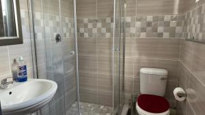 a bathroom with a shower and a toilet and a sink at K K K Guesthouse in Secunda +36 photos