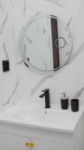 a bathroom with a sink and a mirror on a counter at Zhaily Hotel in Semey