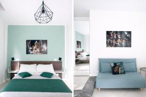 two views of a bedroom with a bed and a couch at Maqueda Suites in Palermo