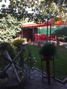 a garden with potted plants in front of a tent at Pensiunea Kristine Sibiu in Sibiu