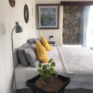 a bedroom with a bed and a potted plant at 120 steps to the beach in Pringle Bay