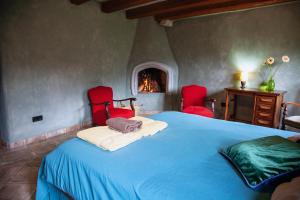 a bedroom with a bed with two red chairs and a fireplace at Mas els Terrats in Susqueda +129 photos