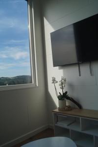 a room with a window and a tv on a wall at Tiny House Auszeit in Nabegg