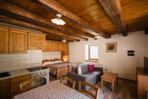 a kitchen and living room with a couch and a bed at Albergo Diffuso Ravascletto in Ravascletto