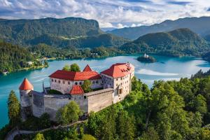 an castles in the middle of a lake with mountains at Apartmaji Pri Kokolu in Bled