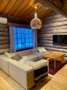 een woonkamer met een bank en een tafel bij Villa Havu in Kuusamo