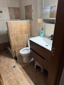 a bathroom with a toilet and a sink and a mirror at Cycladic Serenity Sunset View Home in Otziás +16 photos